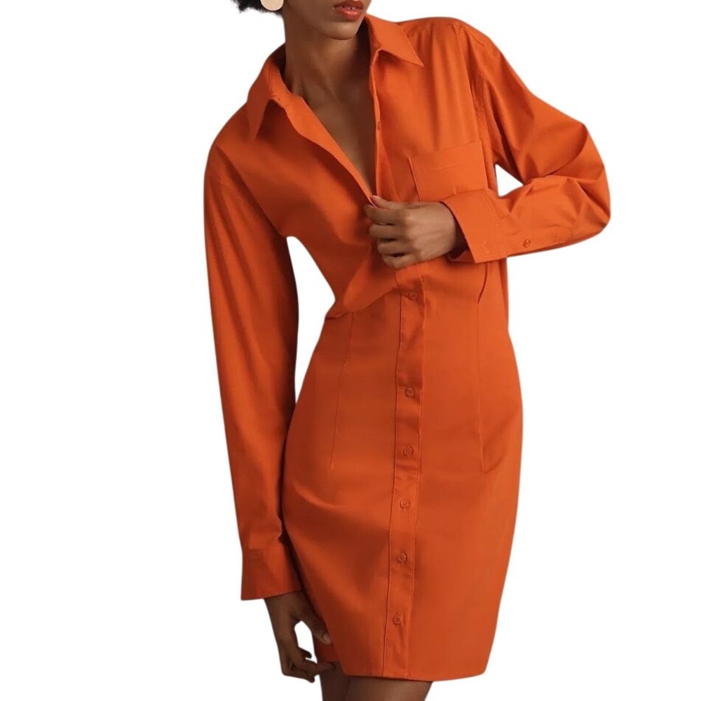 Good American Womens S Poplin Mini Shirt Dress Roma Orange Long Sleeve Cinched